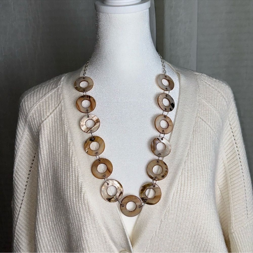 Cream Tan Brown Silver Tone Acetate Circle Statement Necklace